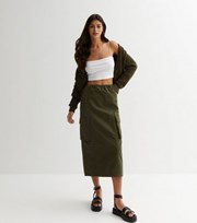 New Look Khaki Twill Ruched Utility Midi Skirt